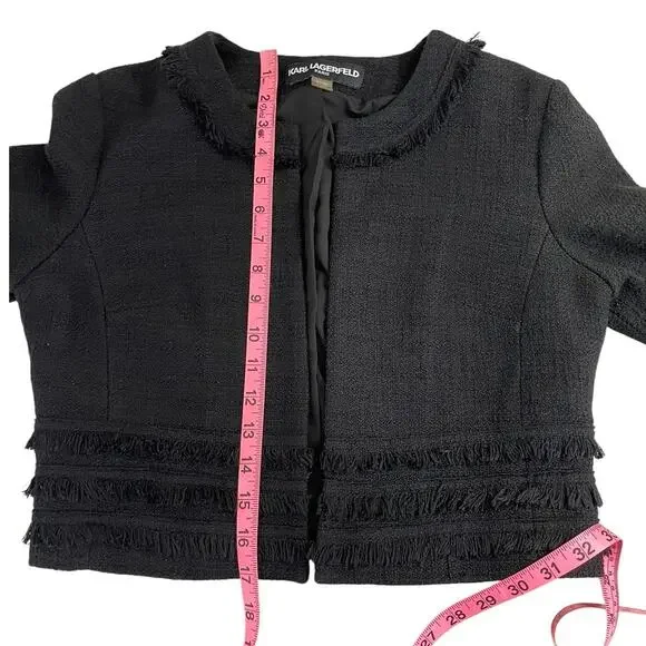 Karl Lagerfeld Paris Tweed Cropped Blazer Jacket Fringe Black Size Small Chic - Picture 13 of 15